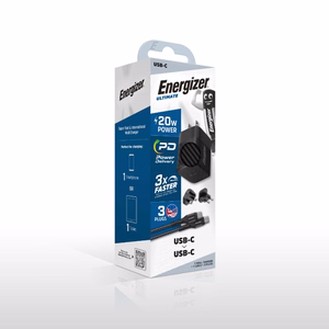 Energizer Ultimate A20MUC GaN reisilaadija EU / UK / US pistikutega, USB-C, 20 W PD, USB-C-kaabliga, must