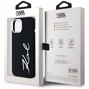 Karl Lagerfeld Silicone Metal Script Logo iPhone 15 Ümbris - Must