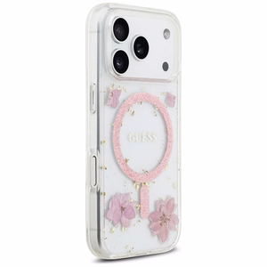 Чехол GUESS для IPHONE 17 Pro совместимый с MagSafe GUHMP17LRBFGFGMP (Resin Flowers and Glitter) розовый