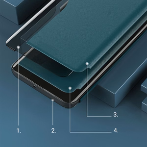 Eco Leather View Case elegantne raamaturiiuli tüüpi ümbris koos jalutusalusega iPhone 13 Pro Maxile sinine