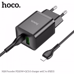 Laadija Hoco N28 must (PD20W / QC3.0) + Type-C / Lightning 100cm kaabel
