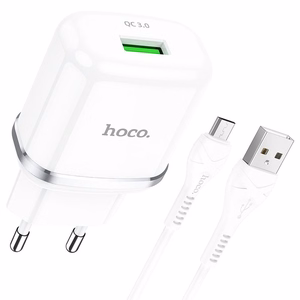 Phone Laadija Hoco USB A QC3.0 3A 18W + Kaabel USB A to Micro USB N3 valge