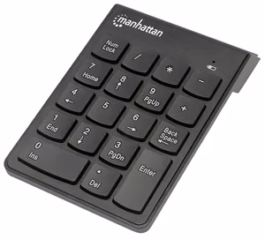 Manhattan juhtmevaba numbriklahvistik (2.4GHz), USB-A mikro vastuvõtja, 18 täissuuruses klahvi, must, membraanklahvid, automaatne energiahaldus, ulatus 10m, AAA aku (kaasas), Windows ja Mac, kolme aasta garantii