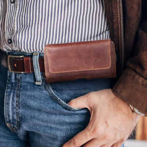 ROYAL Crazy Horse universal horizontal leather belt holster size 3XL jaoks Umidigi Bison 2 Pro / GT2 Pro 5G / X10 Pro / 202 DOOGEE S98 / S96 Pro / S88 Pro / S58 Pro 6 / S40 Pro HAMMER Blade 5G / Iron 3 / Blade 3 CAT S53 brown