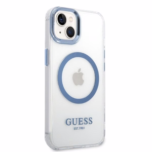 Guess Metal Outline MagSafe ümbris jaoks iPhone 14 Plus - sinine