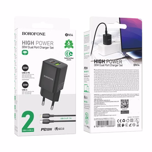Borofone Wall Laadija BN14 Royal GaN - USB + Type C - QC 3.0 PD 30W with Type C to Lightning Kaabel must