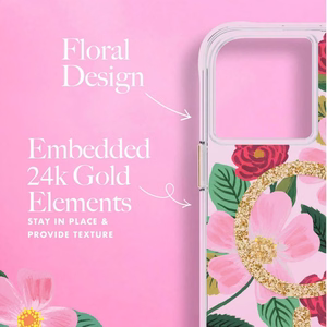 Rifle Paper Co. Rose Garden MagSafe ümbris kuldfooliumdetailidega iPhone 14 ja iPhone 13 mudelitele