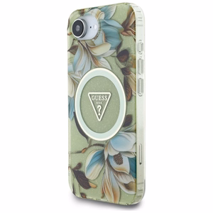 Guess IML Metal Glitter Flowers Triangle MagSafe iPhone 16e Ümbris - Roheline