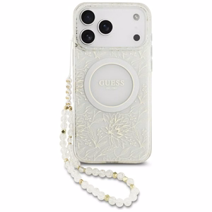 Guess IML lillemustri, metallkatte ja pärlrihmaga MagSafe-ümbris iPhone 18 Pro Max / 17 Pro Max jaoks, valge
