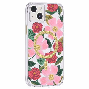 Rifle Paper Clear MagSafe ümbris seadmele iPhone 14 Plus, kuldset tooni kaunistusega, Rose Garden mustriga