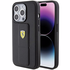 Ferrari Grip Stand Metal Logo ümbris jaoks iPhone 15 Pro - must