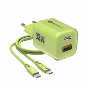 Phone laadija Forcell F-Energy GaN III Crystal Color USB C + USB A QC4.0 PD 33W + silikoon kaabel USB C to USB C VT-41 roheline