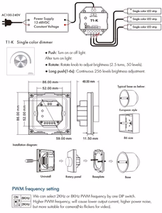 Pöörlev paneeli Triac dimmer T1-K, 12-48VDC, 3x 4A