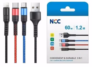 USB kaabel NCC lightning+micro+USB-C (60W) 1m must