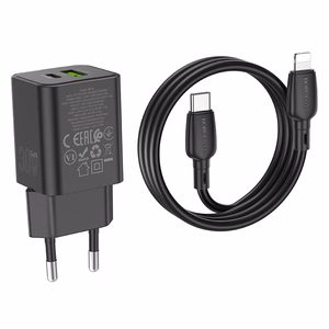 Borofone Wall Laadija BN14 Royal GaN - USB + Type C - QC 3.0 PD 30W with Type C to Lightning Kaabel must
