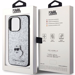 Karl Lagerfeld Fixed Glitter Choupette Logo Metal Pin Ümbris jaoks iPhone 15 Pro - hõbedane