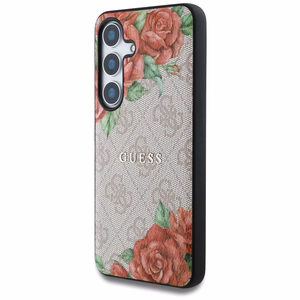 Guess Leather 4G Flowers Print Metal Classic Logo MagSafe Ümbris jaoks Samsung Galaxy S25 - roosa