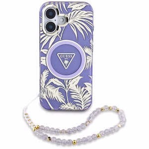 GUESS ümbris jaoks IPHONE 16 compatible with MagSafe GUHMP16SHPCTPLSU (IML Palm Trees Triangle W/ Pearl Strap) lilla