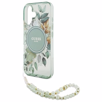 Guess IML Flowers With Pearl Strap MagSafe ümbris jaoks iPhone 16 Plus - roheline