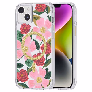Rifle Paper Clear MagSafe ümbris seadmele iPhone 14 Plus, kuldset tooni kaunistusega, Rose Garden mustriga
