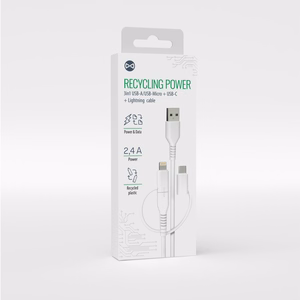 Forever recycling кабель 3в1 1,5m 2,4A USB-A - USB-C + microUSB + Lightning KR3W1-00 белый
