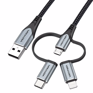 Vention USB 2.0 A Male to 3-in-1 Micro-B & USB-C & Lightning Male kaabel 1 m, hall alumiiniumsulami tüüp