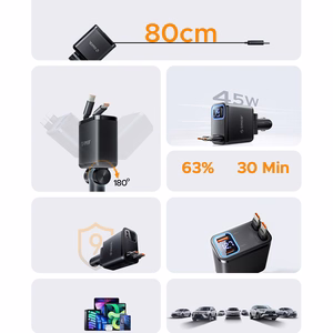 Orico Twin Reach 45W USB-A + USB-C autolaadija kahe sissetõmmatava USB-C kaabliga - must