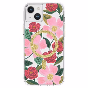Rifle Paper Clear MagSafe ümbris seadmele iPhone 14 Plus, kuldset tooni kaunistusega, Rose Garden mustriga