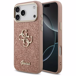 Guess Fixed Glitter Big 4G Metal Raamiga Ümbris jaoks iPhone 17 Pro Max - Roosa