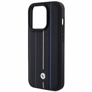 BMW nahast Stamp Blue Line ümbris iPhone 15 Pro Max must