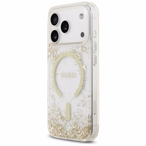 GUESS ümbris jaoks IPHONE 17 Pro compatible with MagSafe GUHMP17LRGRGED (Resin Bottom Glitter) kuldne