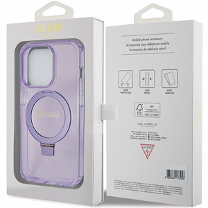 GUESS ümbris jaoks IPHONE 15 Pro compatible with MagSafe GUHMP15LHRSGSU (Glitter Script Logo Ring stand) lilla