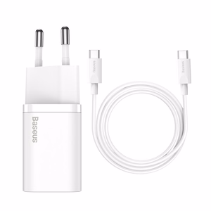 Laadija Baseus Super Si 25W USB-C + USB-C to USB-C kaabel 1.0m valge TZCCSUP-L02
