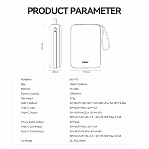 BWOO akupank P73 22.5W 20000 mAh with 2 built-in cables 1 x USB-C 1 x Lightning must