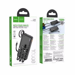 Akupank Hoco 10000 mAh 2A nelja sisseehitatud kaabliga USB A + USB C + Lightning + Micro USB J146 must