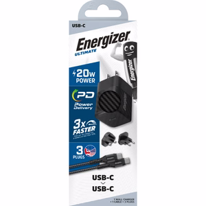 Energizer Ultimate A20MUC GaN reisilaadija EU / UK / US pistikutega, USB-C, 20 W PD, USB-C-kaabliga, must