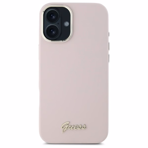 Чехол Guess Silicone Script Metal Logo & Frame для iPhone 16 Plus - розовый