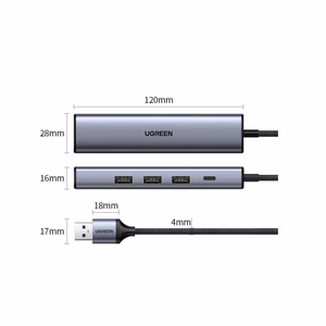 Ugreen CM475 multifunktsionaalne jaotur USB 3.0 - 3x USB / Ethernet RJ-45 / USB Type-C PD - hall