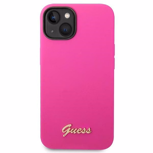 Guess silikoonist Vintage Gold Logo ümbris iPhone 14 / 15 Plus fuksia