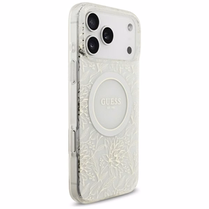 Guess IML lillemustri, metallkatte ja pärlrihmaga MagSafe-ümbris iPhone 18 Pro Max / 17 Pro Max jaoks, valge