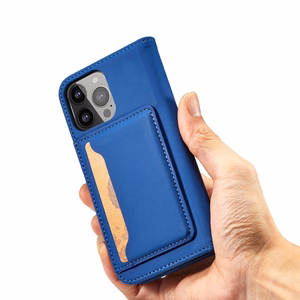Magnetkaardi ümbris iPhone 14 Pro flip cover rahakoti statiiv sinine