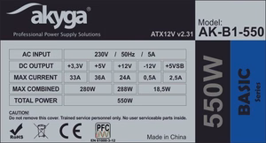 Akyga AK-B1-550 toiteplokk 550 W 20+4 pin ATX ATX hall