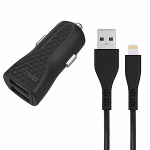 Energizer HardCase DC2CLLIM autolaadija, 2 × USB-A, 17 W / 3,4 A, MFi-sertifikaadiga Lightning-kaabliga, must