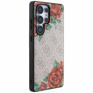 Guess Leather 4G Flowers Print Metal Classic Logo MagSafe Ümbris jaoks Samsung Galaxy S25 Ultra - roosa