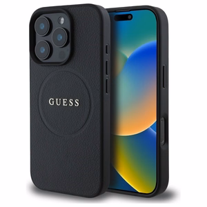 Guess Grained Kuldne Ring MagSafe ümbris jaoks iPhone 16 Pro Max - must