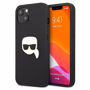 Karl Lagerfeldi nahast Ikonik Karl's Head metallist ümbris iPhone 13 mini jaoks - must
