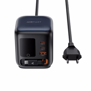 Acefast Z10 GaN 100 W 3 × USB laualaadija sissetõmmatava USB-C-kaabli ja TFT-ekraaniga, must