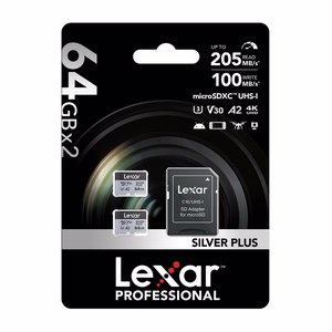 Lexar High-Performance Silver Plus microSDXC 2x64GB mälukaartide komplekt + adapter