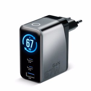 everActive GaN 67W – 67 W GaN-võrgulaadija 1× USB-A ja 2× USB-C pesaga, Quick Charge 4+, must