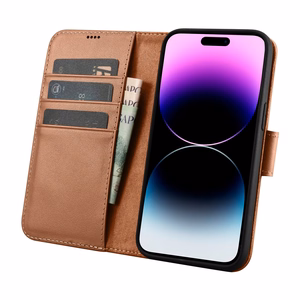 iCarer rahakoti ümbris 2in1 Cover iPhone 14 Pro Max nahast Flip Cover Anti-RFID pruun (WMI14220728-BN)